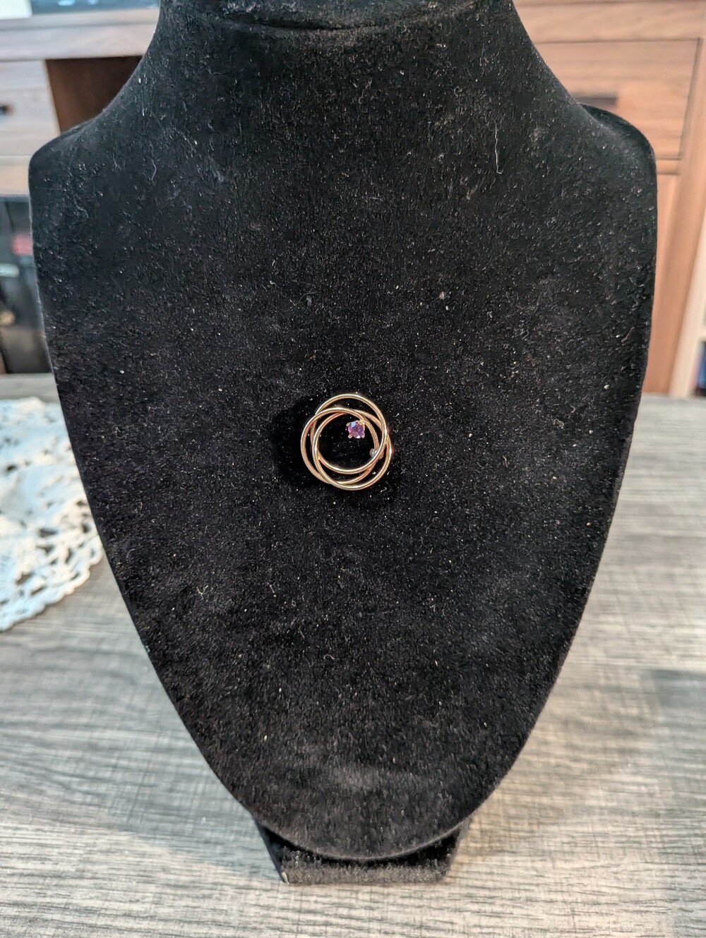 Gold-Tone Swirl Pin Brooch with Purple Rhinestone